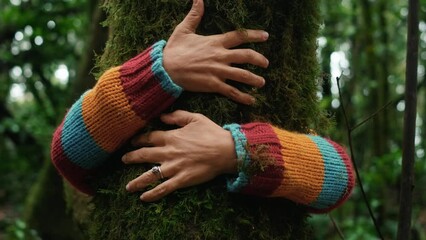 Environment and respect for Earth nature concept - adult woman hugging a green tree in the forest - save the planet and climate change - defocused background wih nature
