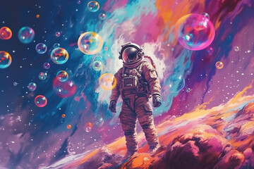 Obraz na płótnie Canvas Beautiful painting of an astronaut in in a colorful bubbles galaxy on a different planet