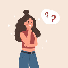 Young woman in doubt. Smart girl having questions. Problem solving. Vector illustration in flat cartoon style.