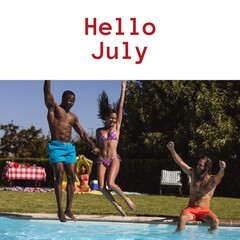 Composition of hello july text over diverse friends jumping into swimming pool