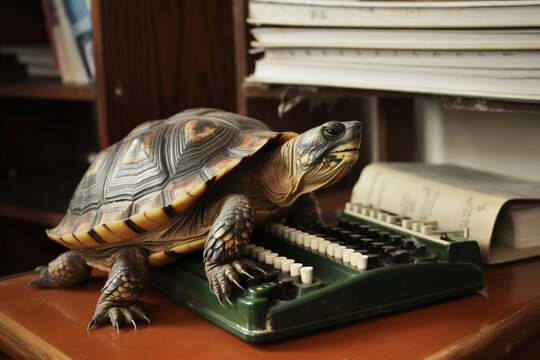 A turtle sitting at a desk and using a typewriter. | Generative Ai