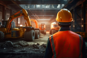 back of the construction worker head which is wearing the orange safety helmet. ai generative