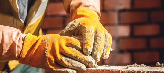 Construction builder worker hands in yellow protective gloves, over red bricks - bricklayer work detail. Generative AI