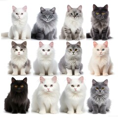 Group of cat portraits isolated on white background. Created with generative AI technology.