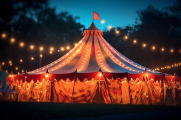 Shimmering lights illuminate a vibrant circus tent. AI - obrazy, fototapety, plakaty
