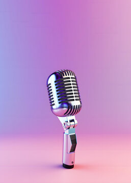 3d realistic microphone with pink gradient background. concept of female or kids' music events. empty copy space for your text. Created with generative AI technology.
