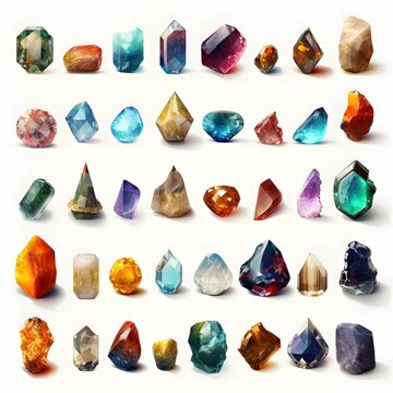 set of semi-precious gemstone stones on white background. Created with generative AI technology.