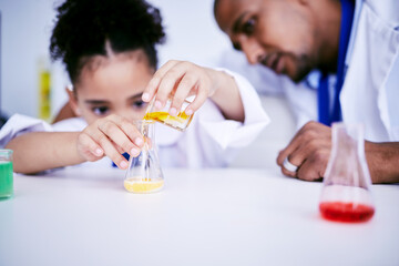 Science, experiment and child doing a project in a lab in physics or chemistry class in school....