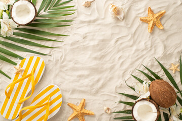 Fototapeta na wymiar Embark on visual adventure into essence of summer with this captivating overhead arrangement: yellow flip-flops, shells, starfish, palm leaves, coconut, flowers on sandy shore, blank space for text