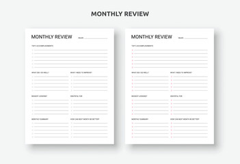 Monthly Review, Monthly overview trackers, Undated Monthly Overview, Month on one page Template - obrazy, fototapety, plakaty