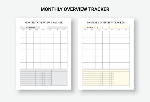 Monthly overview trackers, Undated Monthly Overview, Month on one-page Template