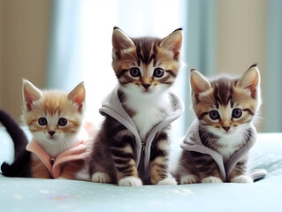 Group of kittens with cute clothing. AI generated