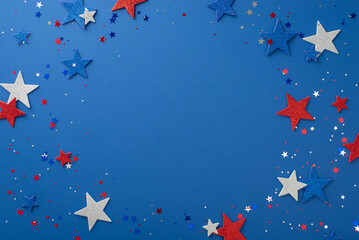 Fototapeta na wymiar Experience the joy of Independence Day with this top-down view: glimmering stars and confetti, artfully arranged on a blue surface with a blank circle for text or promotion