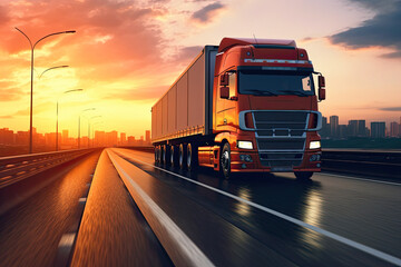  Truck run on highway, Logistics import export and cargo transportation industry concept of Container . Ai generative