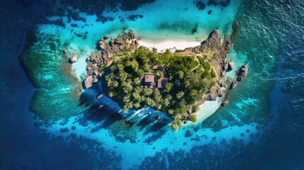 Top view of a tropical island in the middle of a crystal clear blue ocean, rendered by AI technology