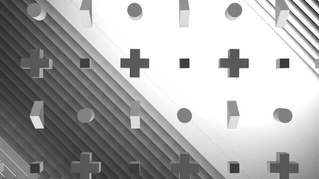 Animation of 3d grey cubes and crosses over moving grey linear surface