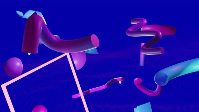 Animation of abstract 3d shapes and crosses over blue and pink background