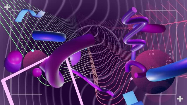 Animation of abstract 3d shapes over purple background
