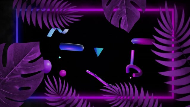 Animation of abstract 3d shapes and leaves over black background