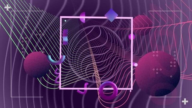 Animation of abstract 3d shapes over purple waving background