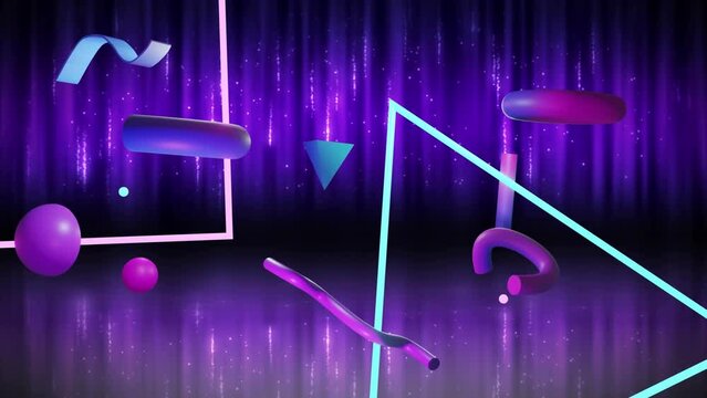 Animation of abstract 3d shapes over purple waving background