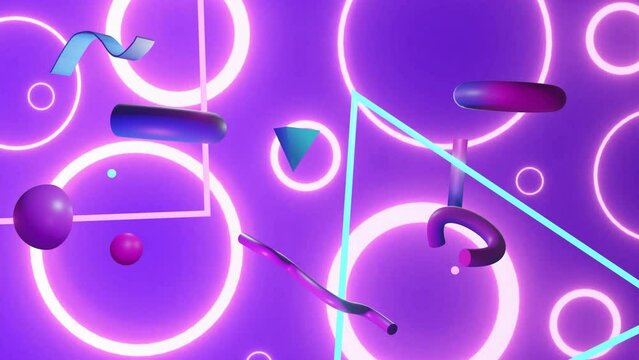 Animation of abstract 3d shapes and circles over purple background