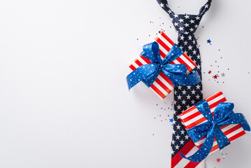 Fourth of July Bash: A top-down view of patriotic props, red, white, and blue confetti, American flag necktie, and gift boxes, against a white backdrop with space for messages