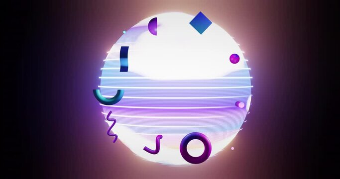 Animation of abstract 3d shapes and sphere over dark background
