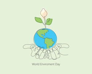 World environment day minimalist vector background with the earth in hands and flower plant. One continuous line drawing. Poster, banner, background with lettering environment day.