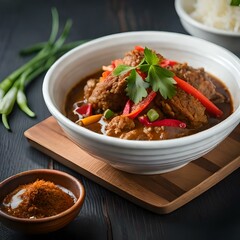 Rendang is an Indonesian West Sumatra Minangkabau spicy meat (commonly beef) that slow cooked in coconut milk and mixed spices, served during festive events like wedding, Eid Al Fitr, ai generated.