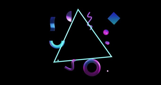 Animation of abstract 3d shapes over rotating triangle and black background