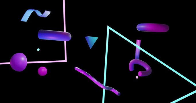 Animation of abstract 3d shapes over square, triangle and black background
