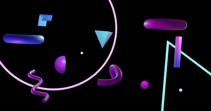 Animation of abstract 3d shapes over circle, triangle and black background