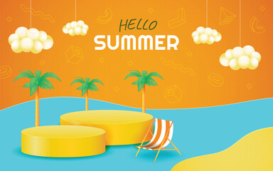 3D Hello Summer Podium Shop with 90's Colorful and Memphis Geometric Style Artsy 