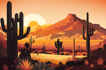 Western desert vector sunset background. Cactus and sand hot, dry nature landscape. © Nataliia Sanhush