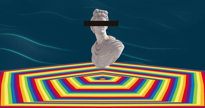 Animation of statue over moving coloured hexagonal surface with blue background
