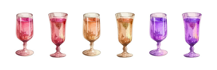 Cocktail glass watercolor vector set. Cocktails colorful alcohol beverage with fruits and berries illustration.