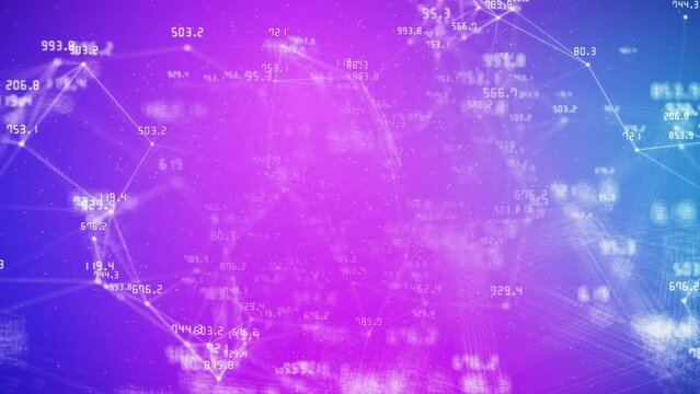 Numbers And Plexus Lines On Pink And Blue Abstract Background. Financial Indicators That Change Chaotically. Looped Business Animation.