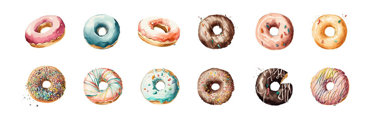 Donut watercolor set vector illustration. Sweet bakery in hand drawn style. Donuts glazed dessert collection.