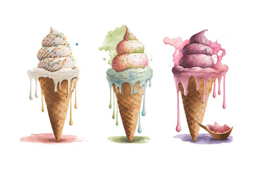 Ice cream sweet watercolor vector illustration. Cold creamy dessert in waffle cone.