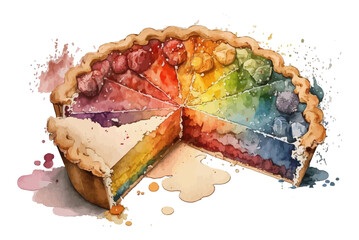 Watercolor pie vector illustration. Rainbow pie with fruits. Sweet bakery hand drawn.
