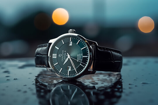 Highly detailed closeup view of modern and elegant wrist watch lying on the water splash