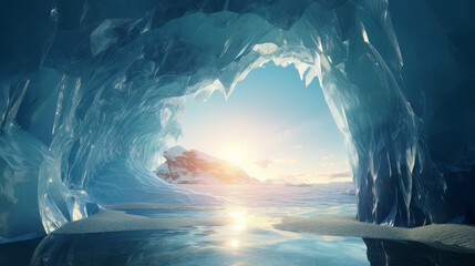 Looking out a gigantic ice cave in the ocean. Sun rise, clear skies, waves, crystal-clear turbulent water. Abstract landscape