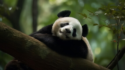 Panda Bear Sleeping on a Tree Branch, China Wildlife. Cute Lazy Baby Panda Sleeping in the Forest, Enjoying an afternoon nap with paws Hanging Down