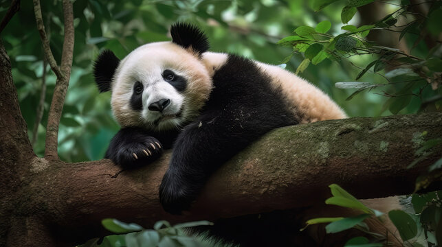 Panda Bear Sleeping on a Tree Branch, China Wildlife. Cute Lazy Baby Panda Sleeping in the Forest, Enjoying an afternoon nap with paws Hanging Down