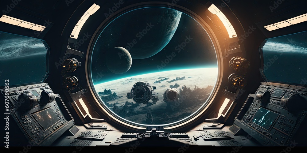 Sticker spaceship dark interior with view on distant planets solar system. generative ai aig15.