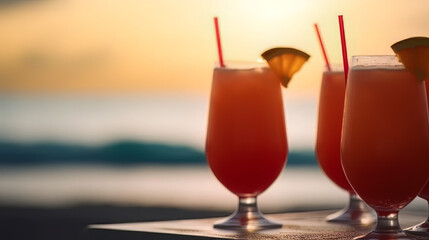 close-up of tropical cocktail drinks, selective focus and details. alcoholic drink refreshment on beach