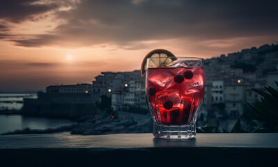cocktail at sunset, in the style of split toning, dark silver and light crimson