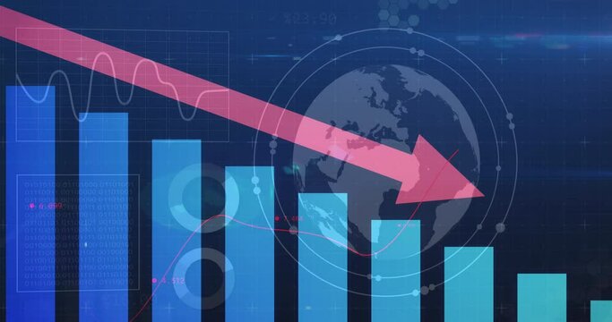 Animation of data processing and globe over grid and dark background