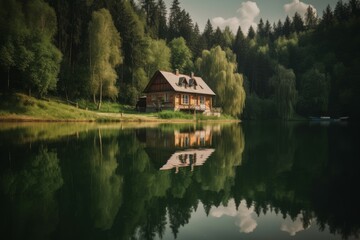 Forest lake house. Generate Ai